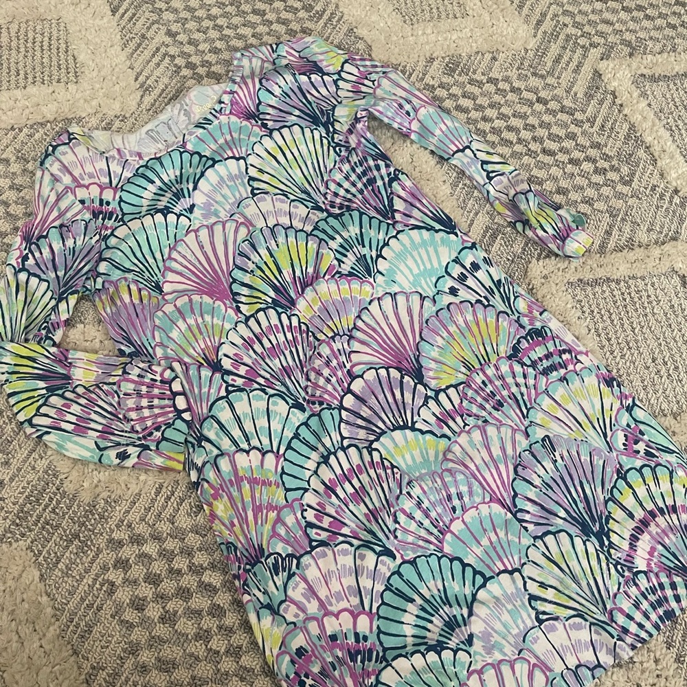 Lilly Pulitzer "Oh Shello" Shift Shirt Dress Purple Blue Teal Shell Size Small